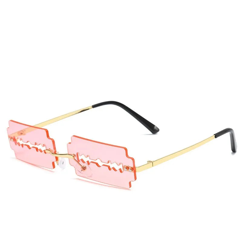 Gold metal rimless sunglasses with UV400 PC lens on a white background