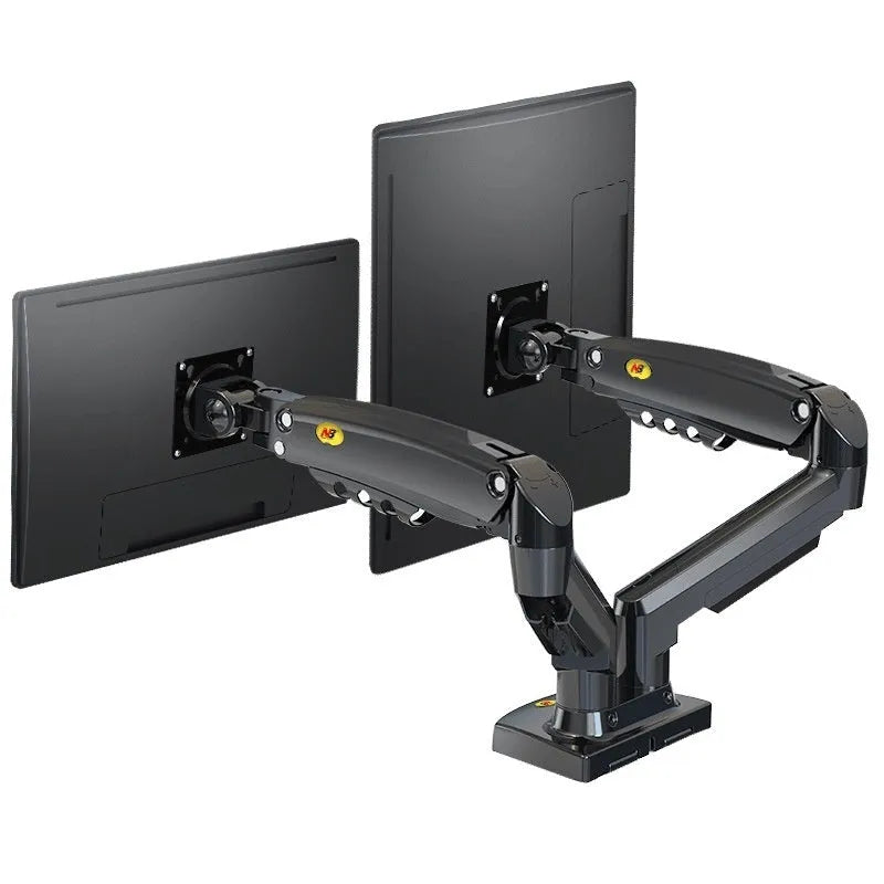 Black dual screen monitor bracket with adjustable height desk clamp for VESA 75-100mm mounting patterns