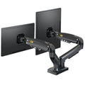 Black dual screen monitor bracket with adjustable height desk clamp for VESA 75-100mm mounting patterns
