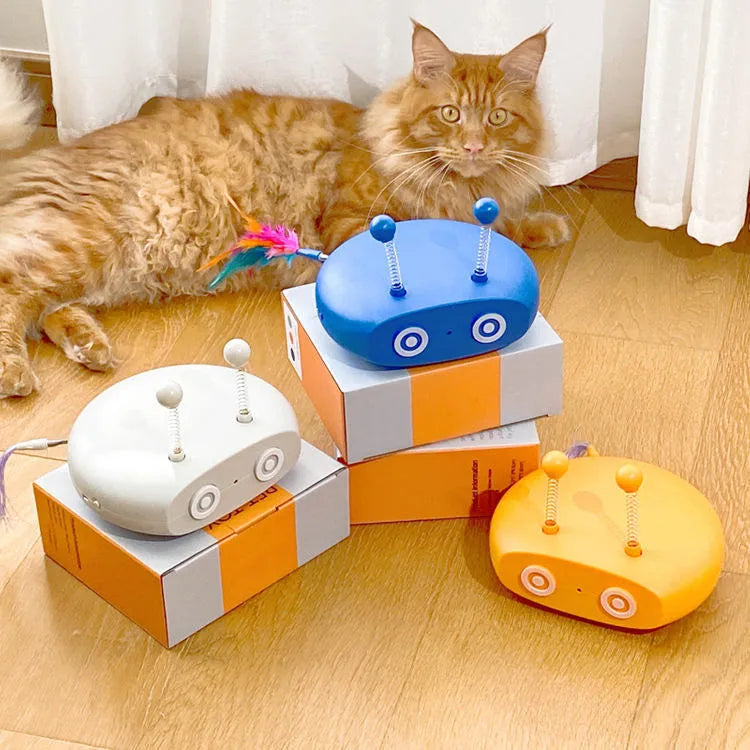 Electric cat interactive toy robot with blue body, wagging tail, and front pointer cat toy