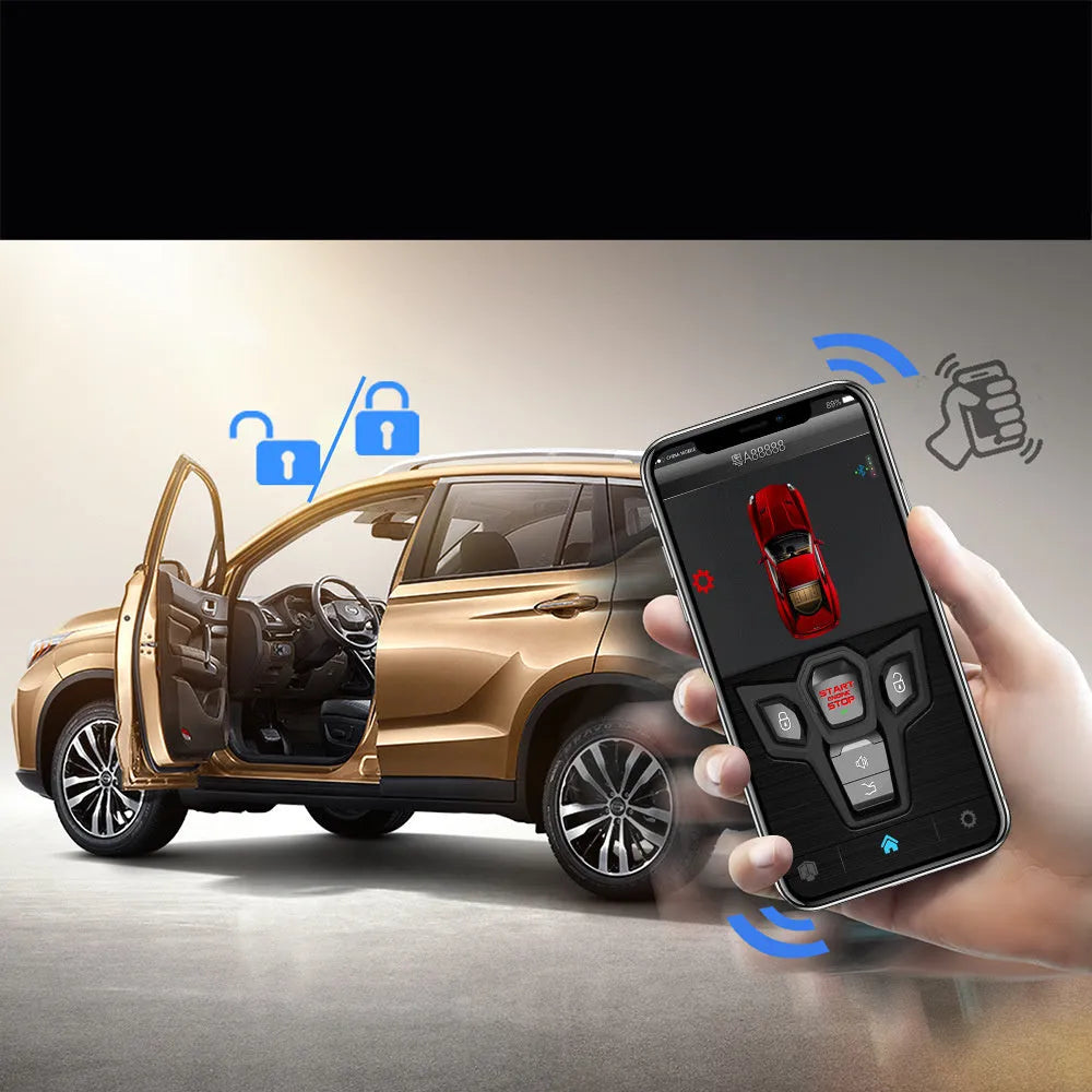 Red and black one-way car alarm remote control unit with two key fobs.