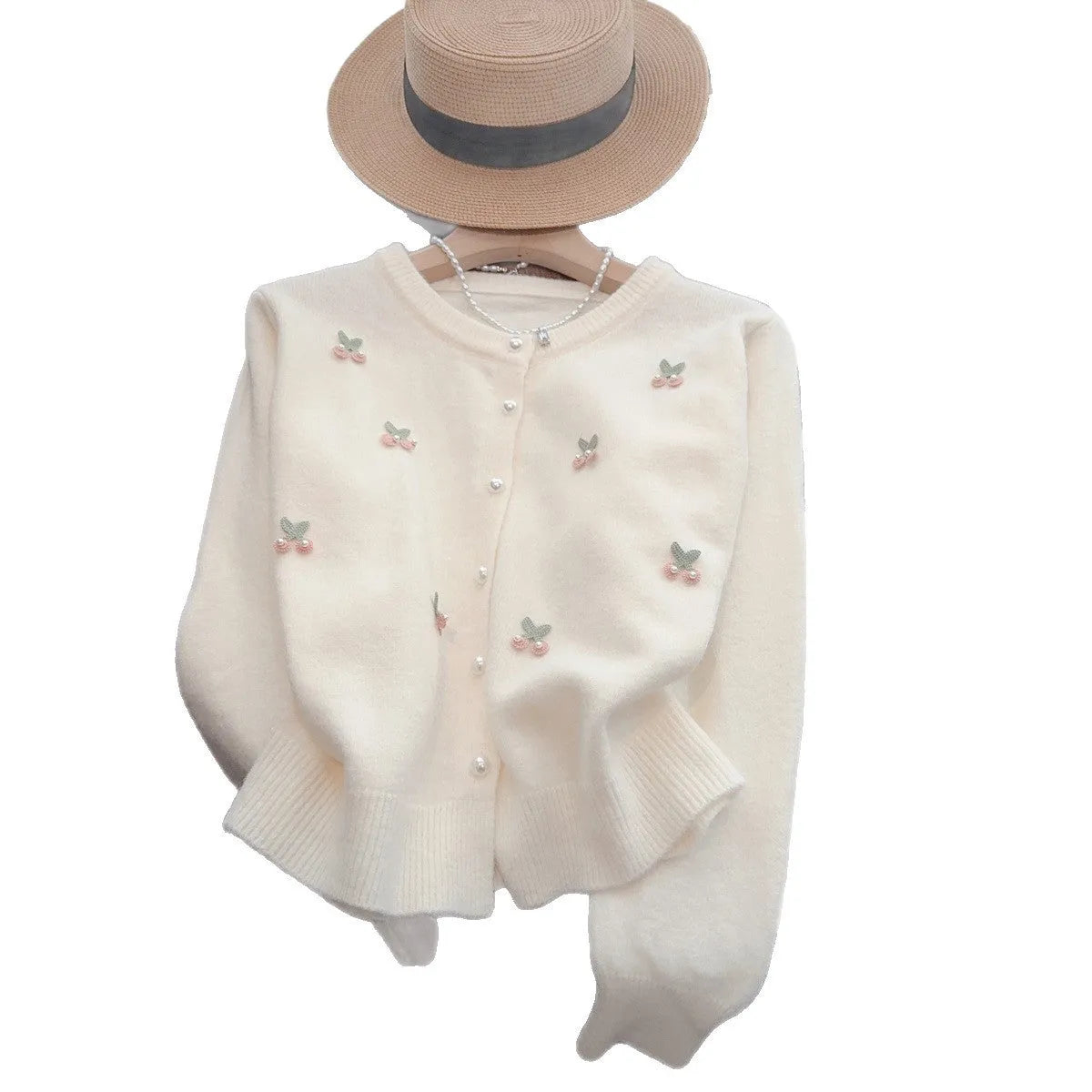 Cashmere blend slim fit cardigan coat with beaded details in blue, pink, red, or white.