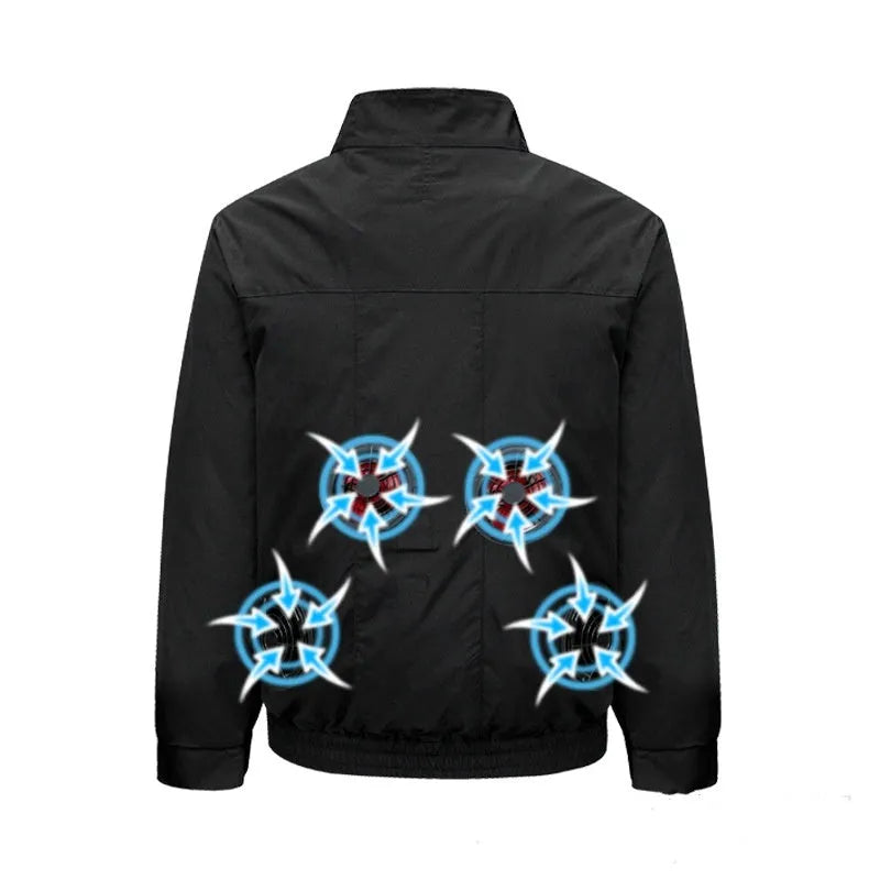 Men's black smart air conditioning jacket with ventilation holes for a portable fan, laid flat.