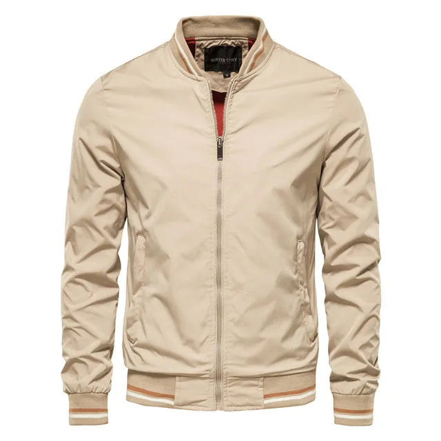 Men's striped zip-up jacket with pockets in Army Green, polyester and nylon, casual sports outerwear