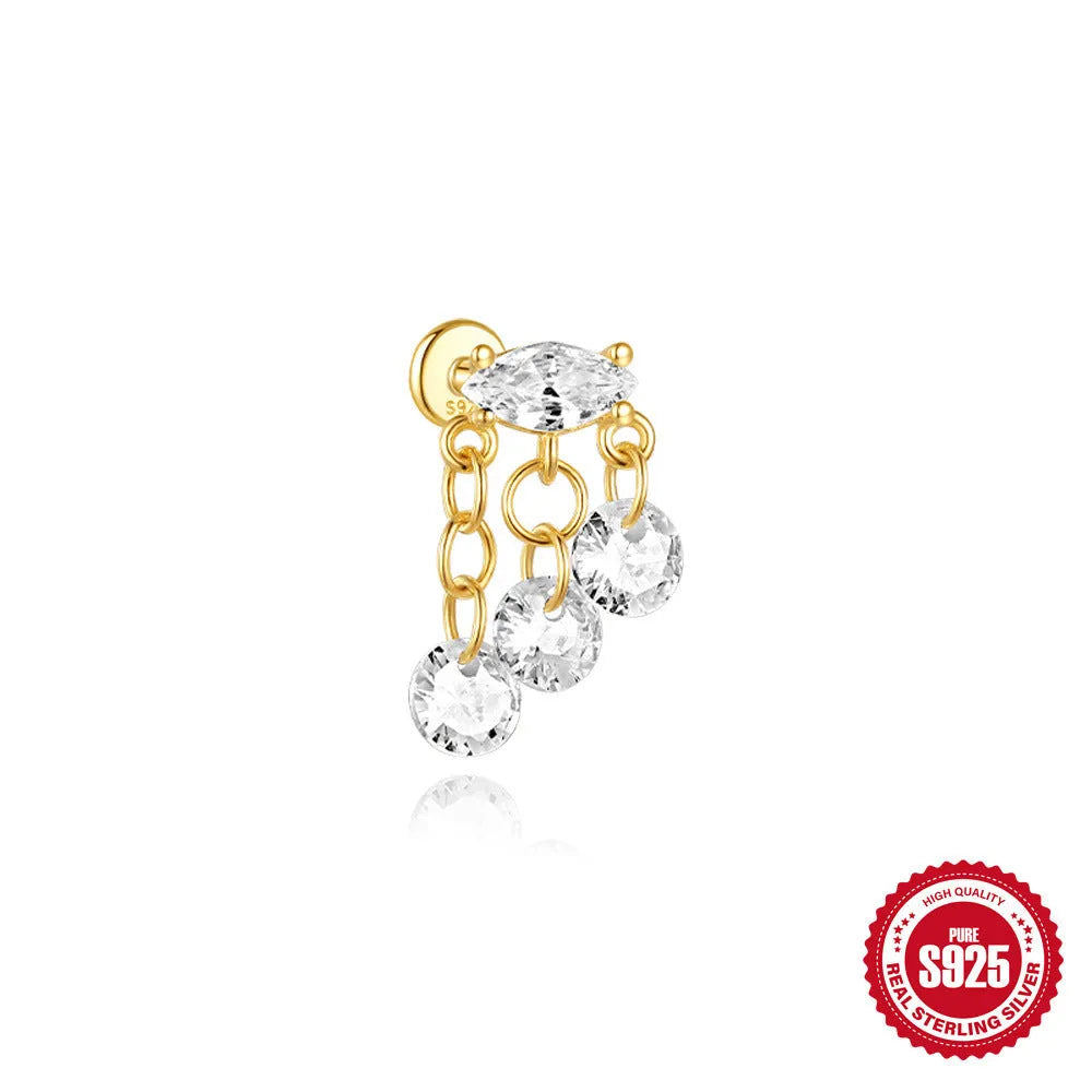 Geometric water drop shaped S925 sterling silver earrings with a flat spiral puncture back, in a gold electroplated finish.