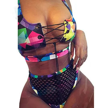 Women's multicolour checkered bikini set with cross-strap top and fishnet high-waist shorts