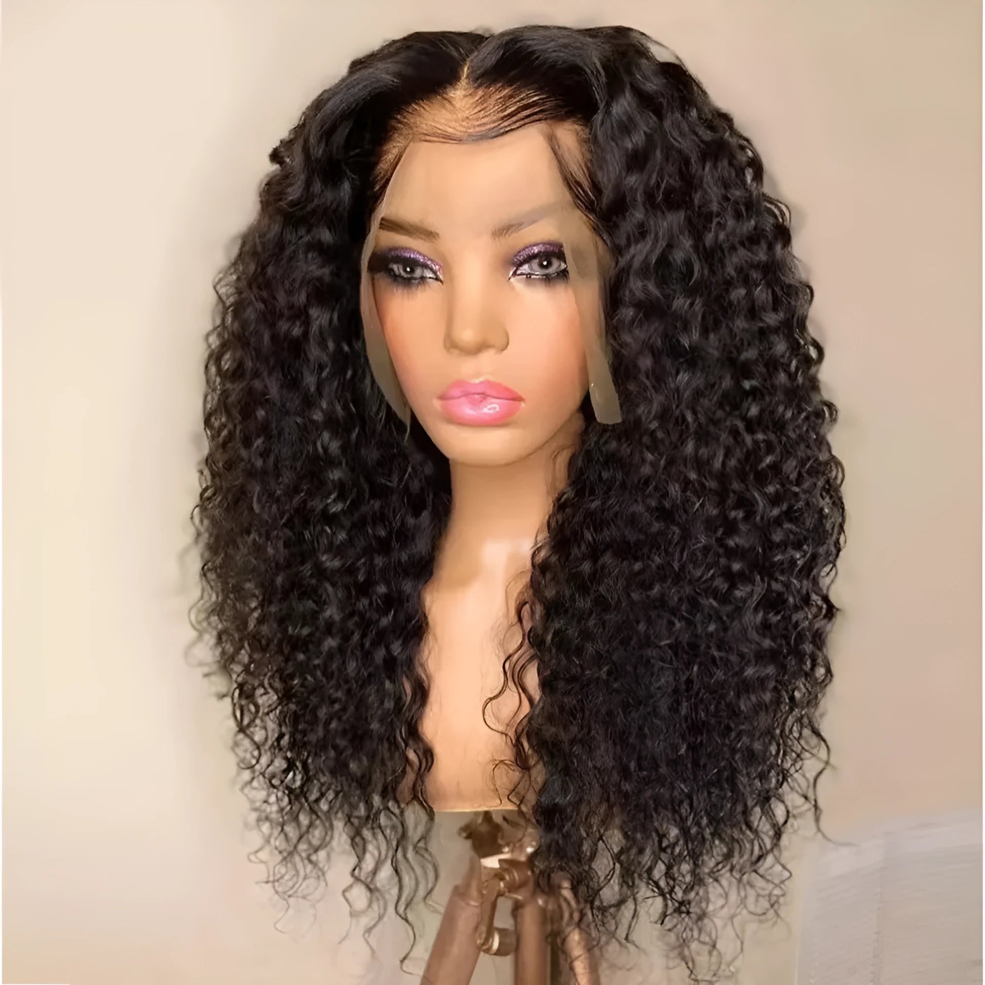 Long curly lace wig in high temperature filament for women, available in 12 to 28 inch lengths