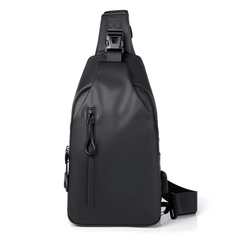Black sling crossbody backpack for men with zipper and polyester lining, vertical square shape, solid colour design