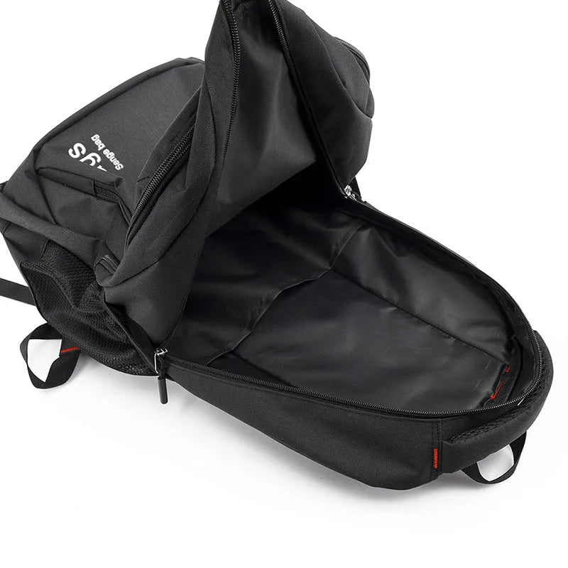 Black street trend nylon backpack showing internal laptop compartment, phone pocket, and file bag organisation.