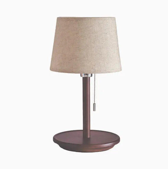 Walnut wood desk lamp with fabric shade and cable switch
