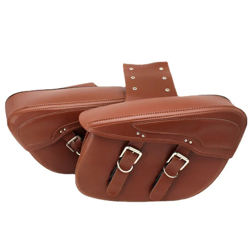 Retro-style black PU leather motorcycle saddle bag side box mounted on a bike