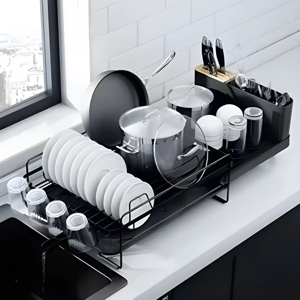 Retractable kitchen drain rack holding cutlery and cups with foldable carbon steel frame