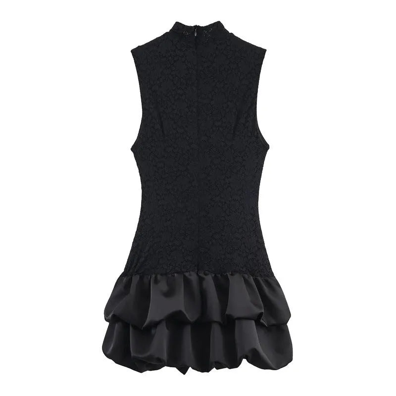 Women's black short dress with stripe and plaid pattern, lace stitching, asymmetric skirt, mid waist, cotton.