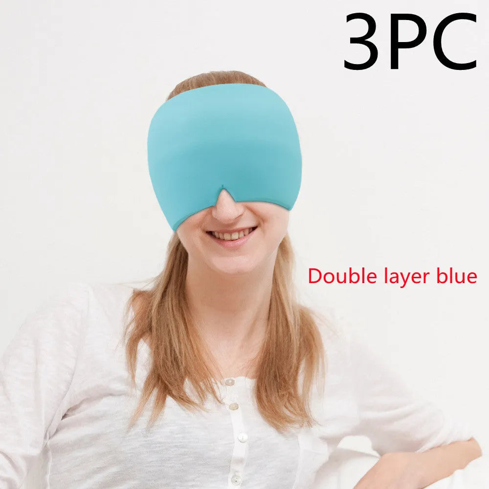 Black elastic cloth gel ice headache relief eye mask showing adjustable headband and cooling gel construction