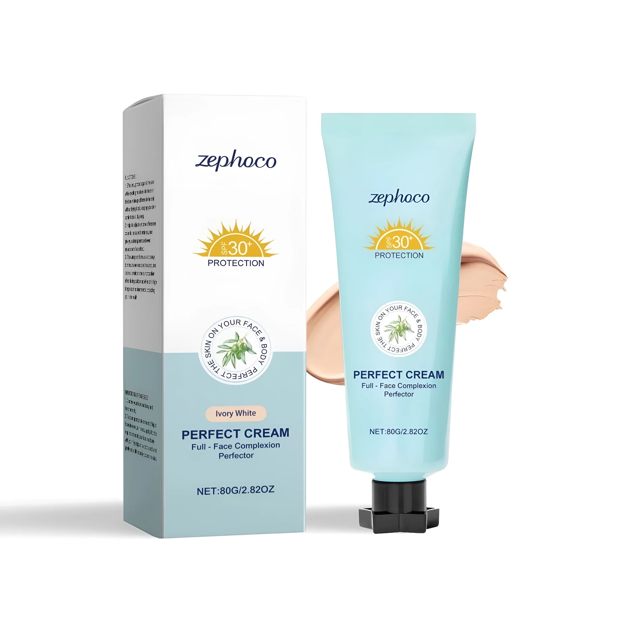 Bottle of curdling texture liquid foundation with sunscreen, shown in one of three shades.