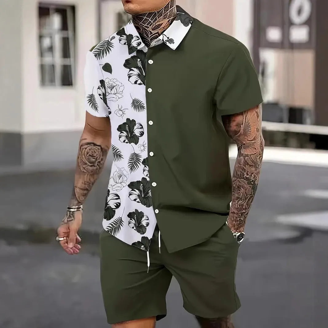 Man wearing a blue and white 3D printed Hawaiian shirt with matching shorts.
