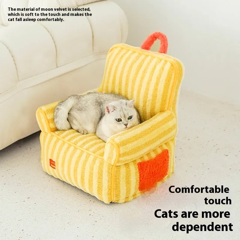 Striped orange soft velvet pet bed for dogs with a removable washable cover.