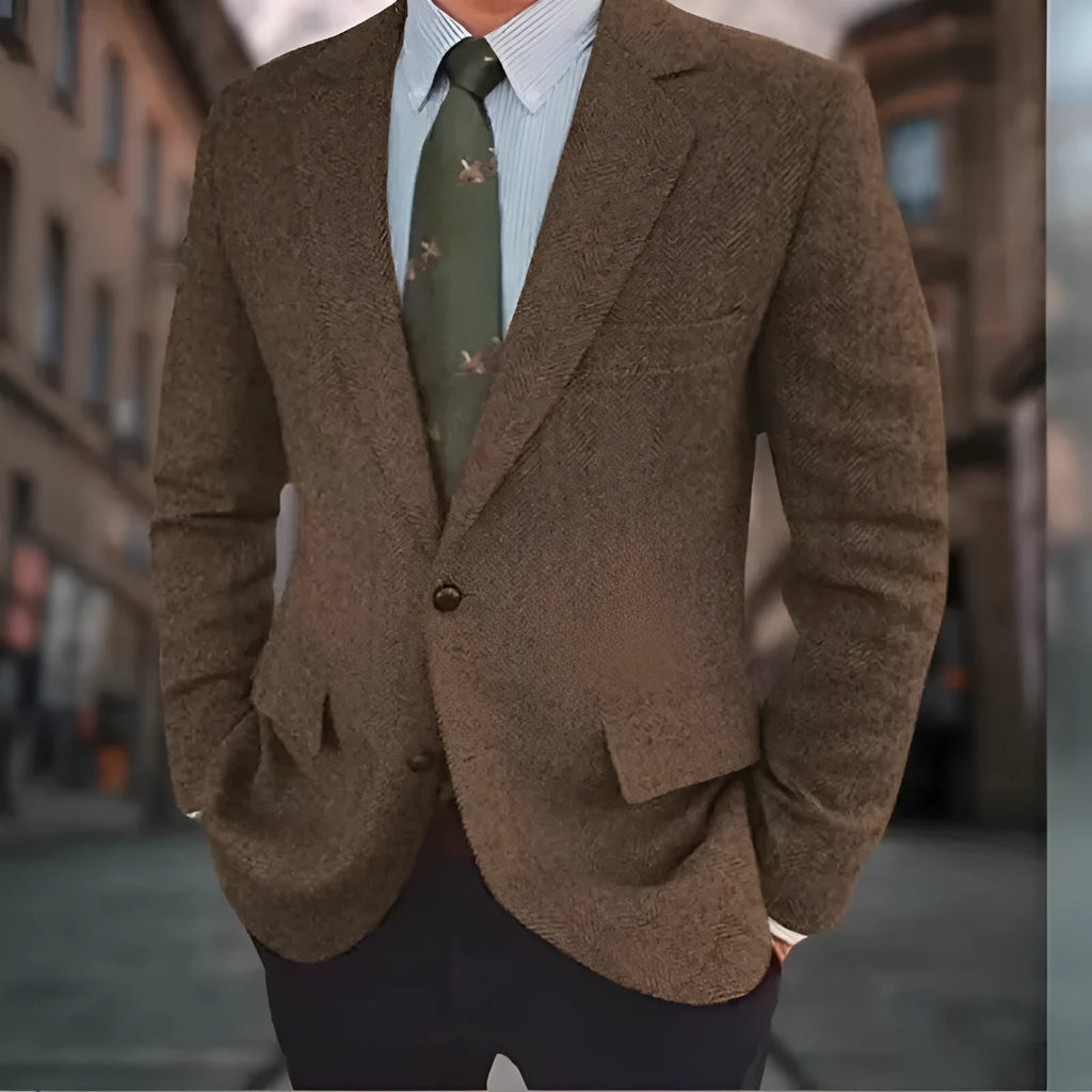Men's brown herringbone pattern business casual jacket with flax lining and long sleeves