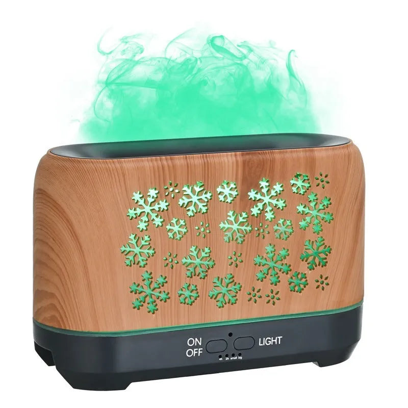 Square desktop aromatherapy humidifier with colourful snowflake wood grain pattern and flame effect lighting