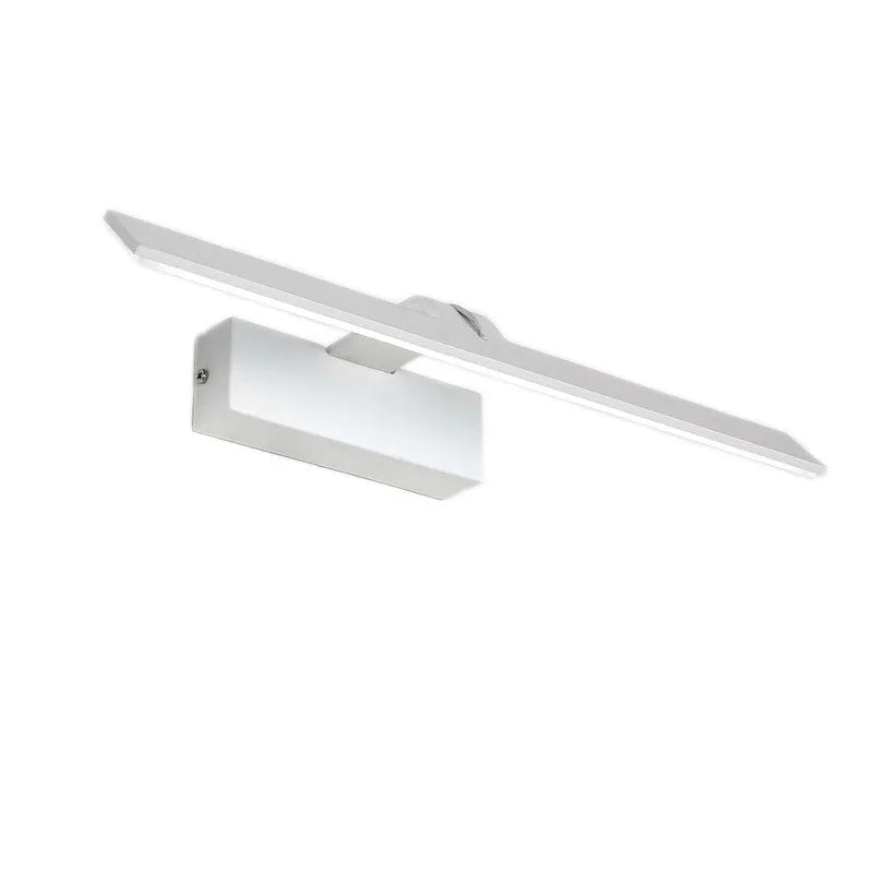 White LED strip light mounted above a bathroom mirror, showing three lighting colour options.