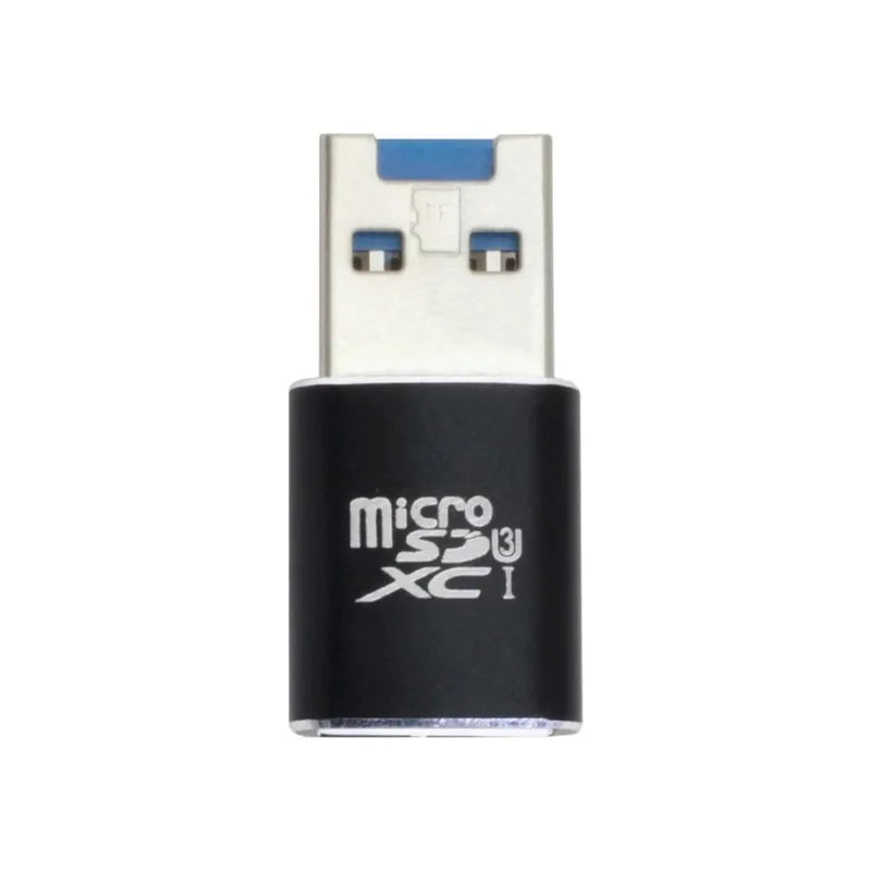 Black USB 3.0 card reader for Micro SD, SDHC, and SDXC memory cards on a white background.