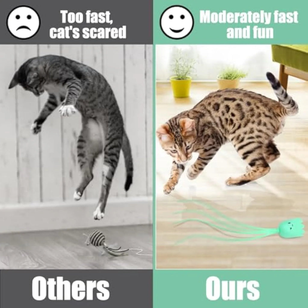 Green interactive cat toy with electronic wand and swinging silicone tails for indoor cats