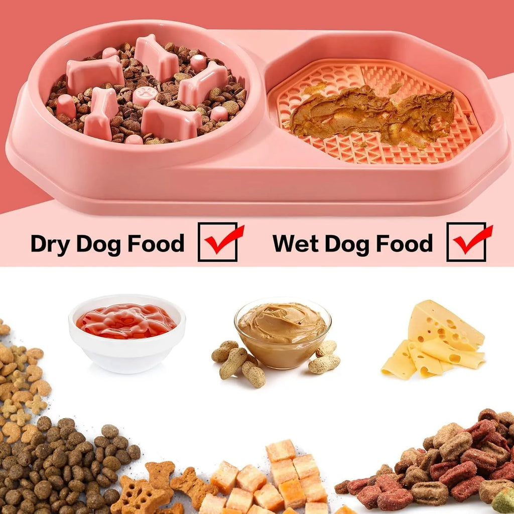 Blue slow feeder dog bowl with maze pattern for anti-gulping, shown with non-slip pads.