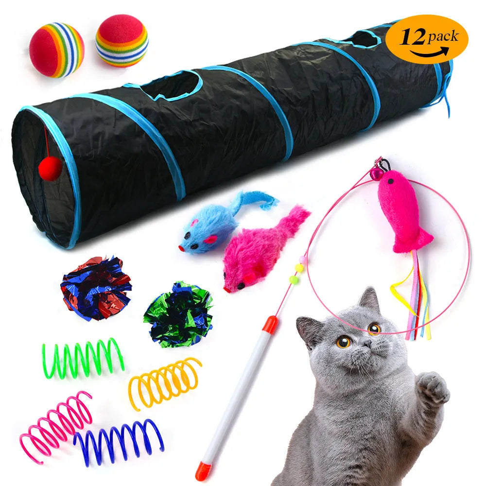 12-piece pet cat toy set with small fish steel wire teaser, plush mouse, and spring tunnel in colour B88290