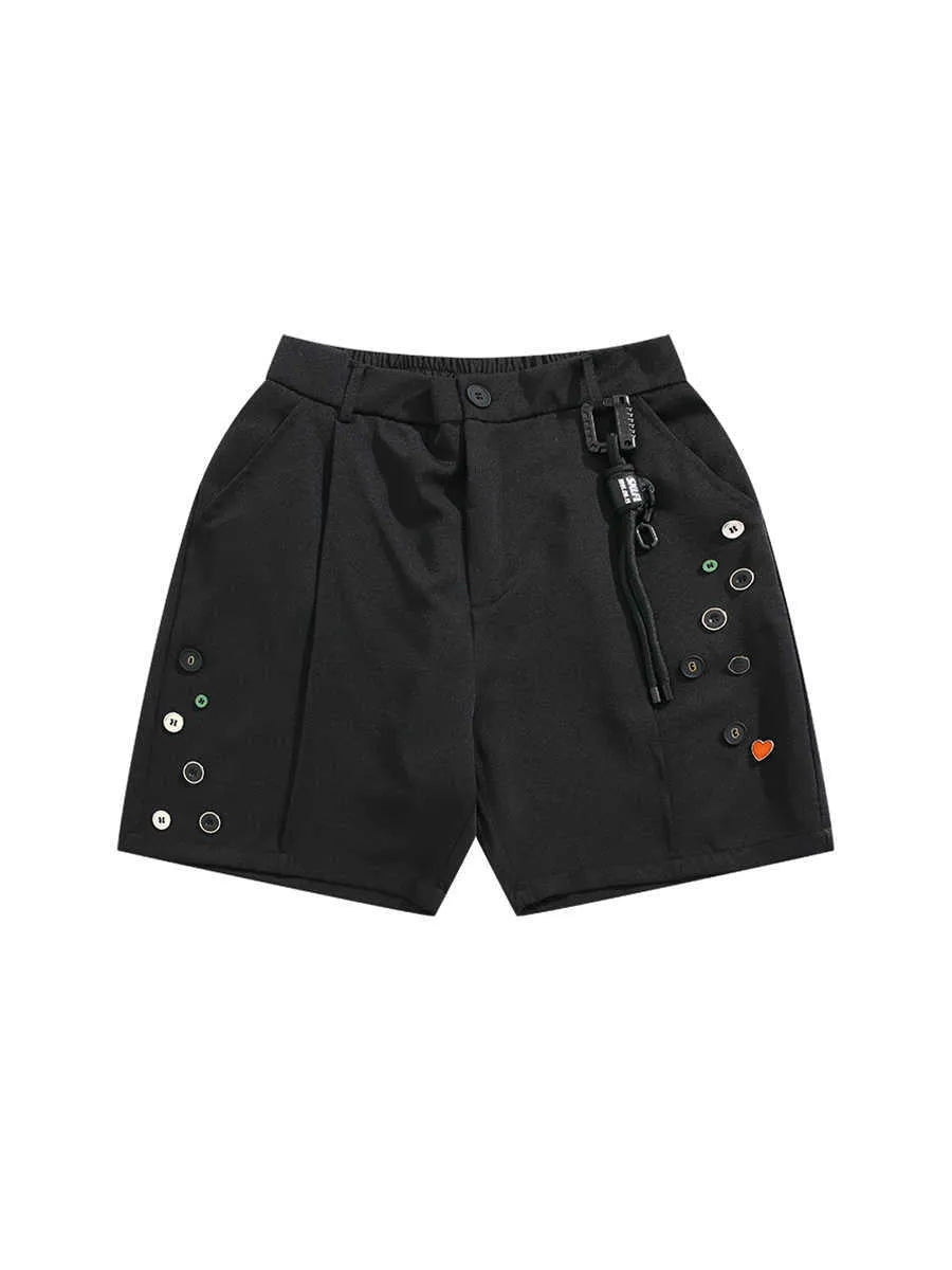 Men's black semi-elastic shorts with button and zip fly in loose straight-leg style