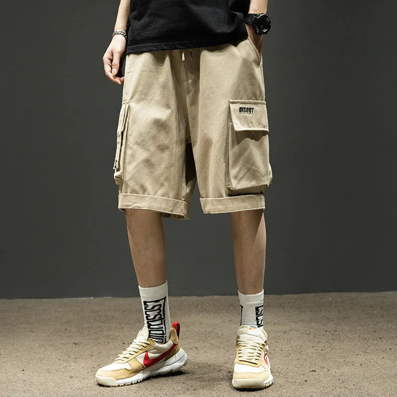 Men's cotton cargo shorts in khaki with multiple pockets and tie-cord front closure