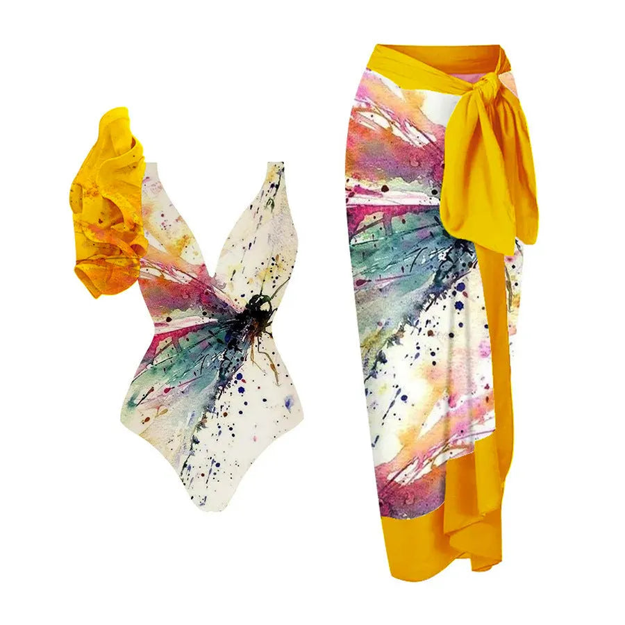 Yellow women's conservative one-piece swimsuit with belly cover on mannequin