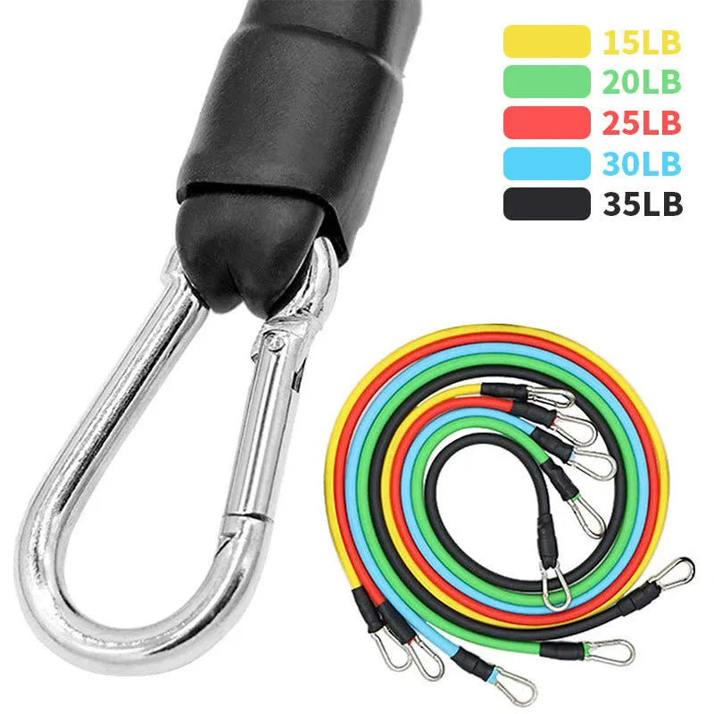 TPE elastic band resistance rope set with carabiner clips in multiple colours for home training
