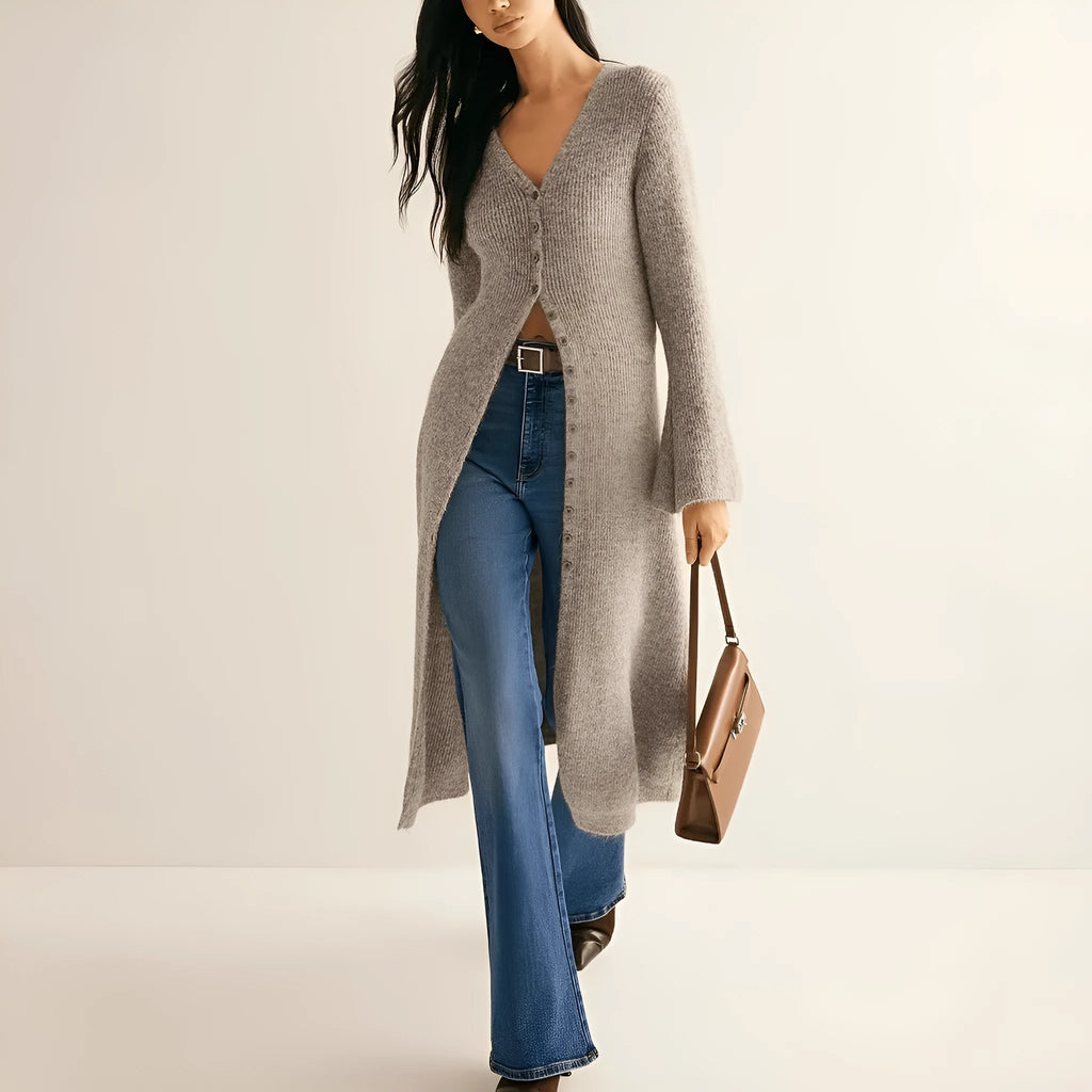 Khaki long sleeve cardigan coat with button front on a model