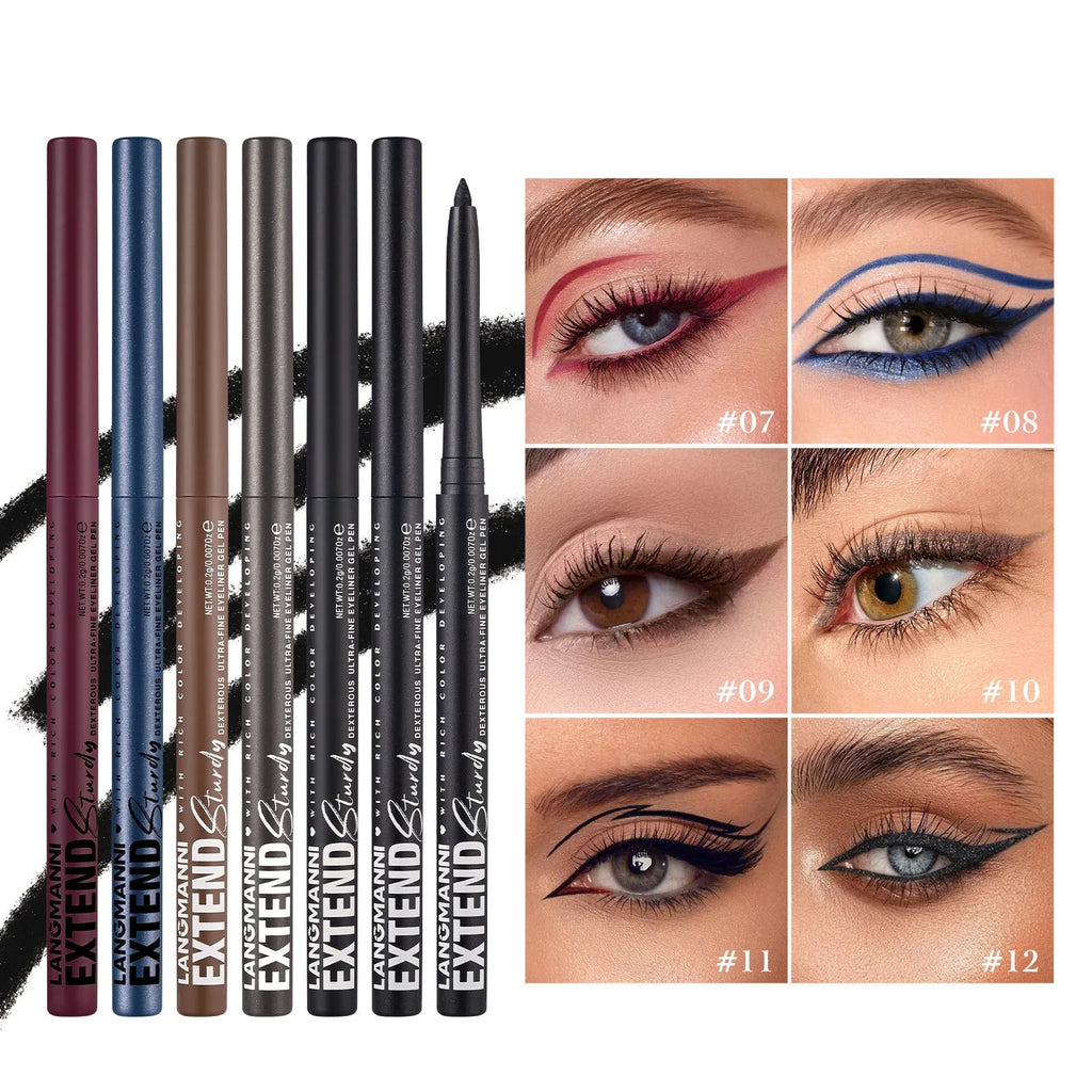 Set of 12 colourful gel glitter eyeliner pencils in vibrant shades for waterproof, long-lasting makeup.
