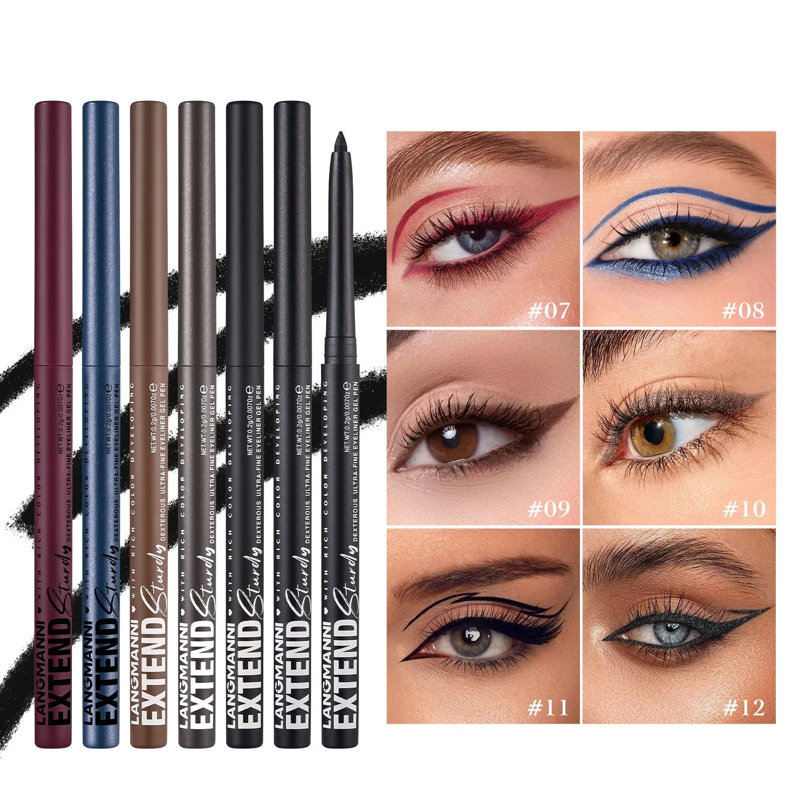 Set of 12 colourful gel glitter eyeliner pencils in vibrant shades for waterproof, long-lasting makeup.