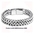 Silver geometric men's stainless steel bracelet shown front and back, available in multiple lengths.
