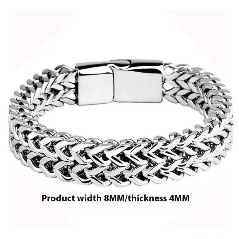 Silver geometric men's stainless steel bracelet shown front and back, available in multiple lengths.