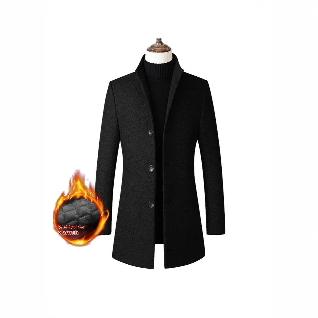 Men's single-breasted stand collar cotton padded wool blend winter trench coat in grey