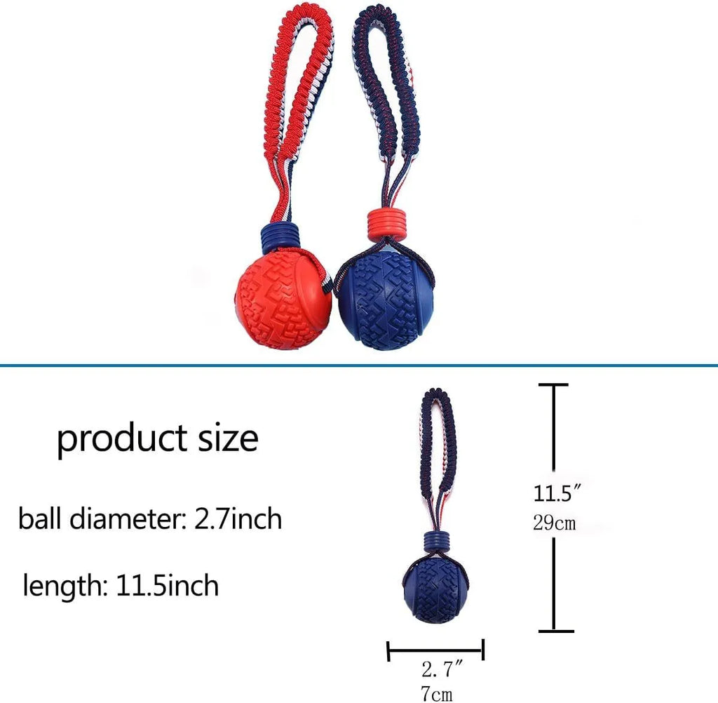 Blue dog ball with attached rope, showing textured surface and total length of 29 cm.