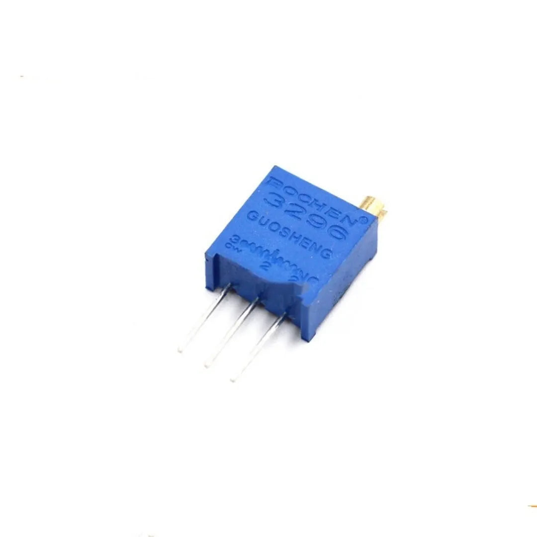 Blue multi turn precision potentiometer 20K 0.5W with glass glaze film on white background