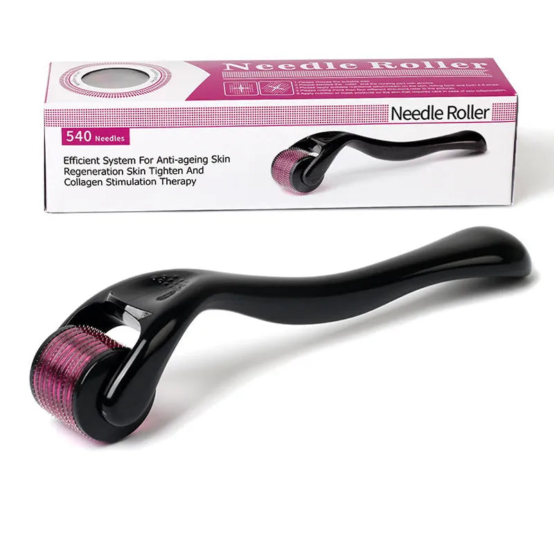 Black derma roller with 540 titanium microneedles, sizes 0.2mm to 1.0mm, for face beard scalp body