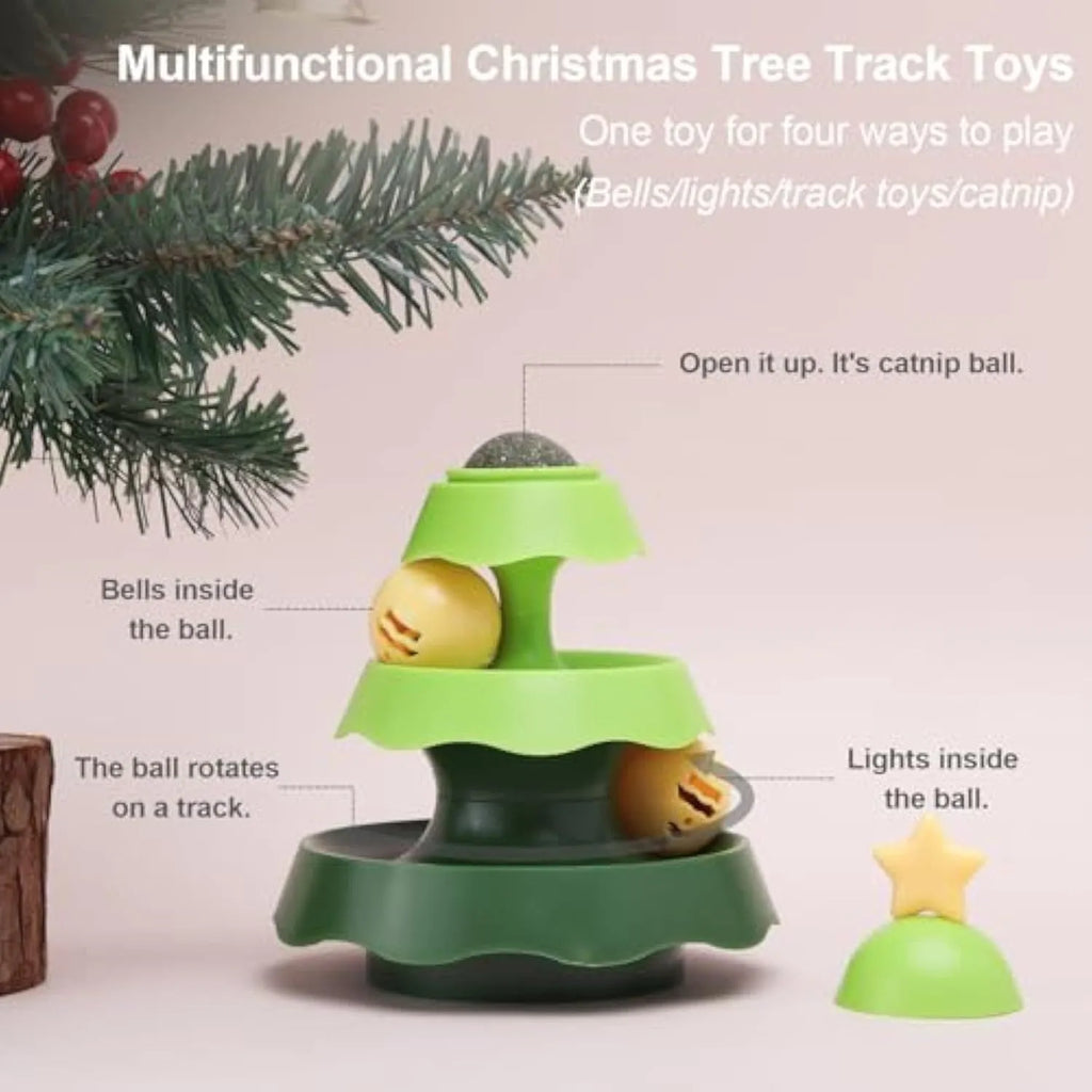 Green tree-shaped cat toy with two-level track, two moving balls, and top catnip ball under cover.
