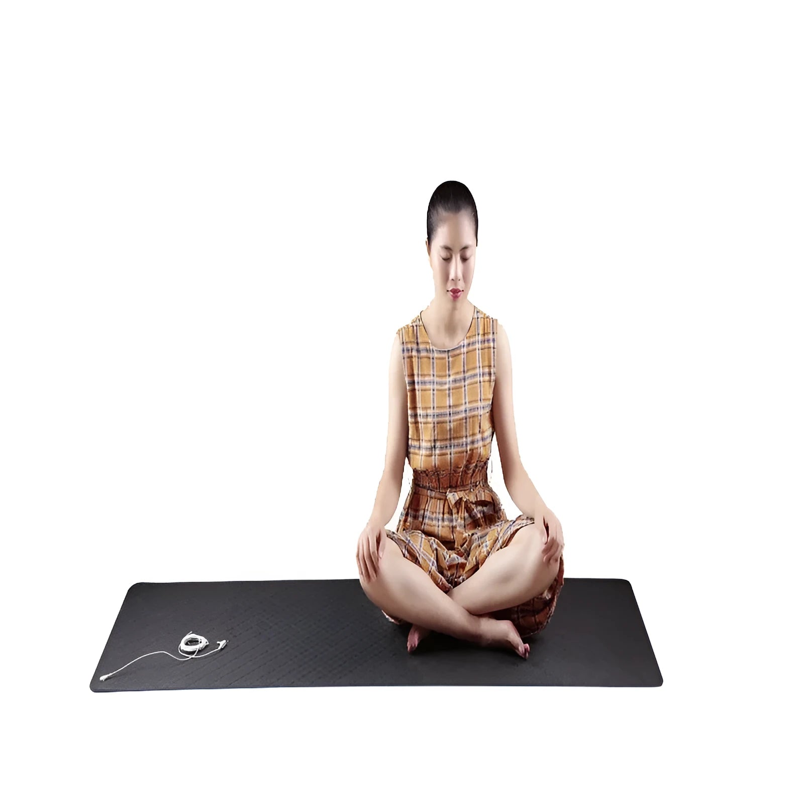 Blue conductive yoga mat with floral pattern and grounding wire, measuring 182x61cm with 5mm thickness