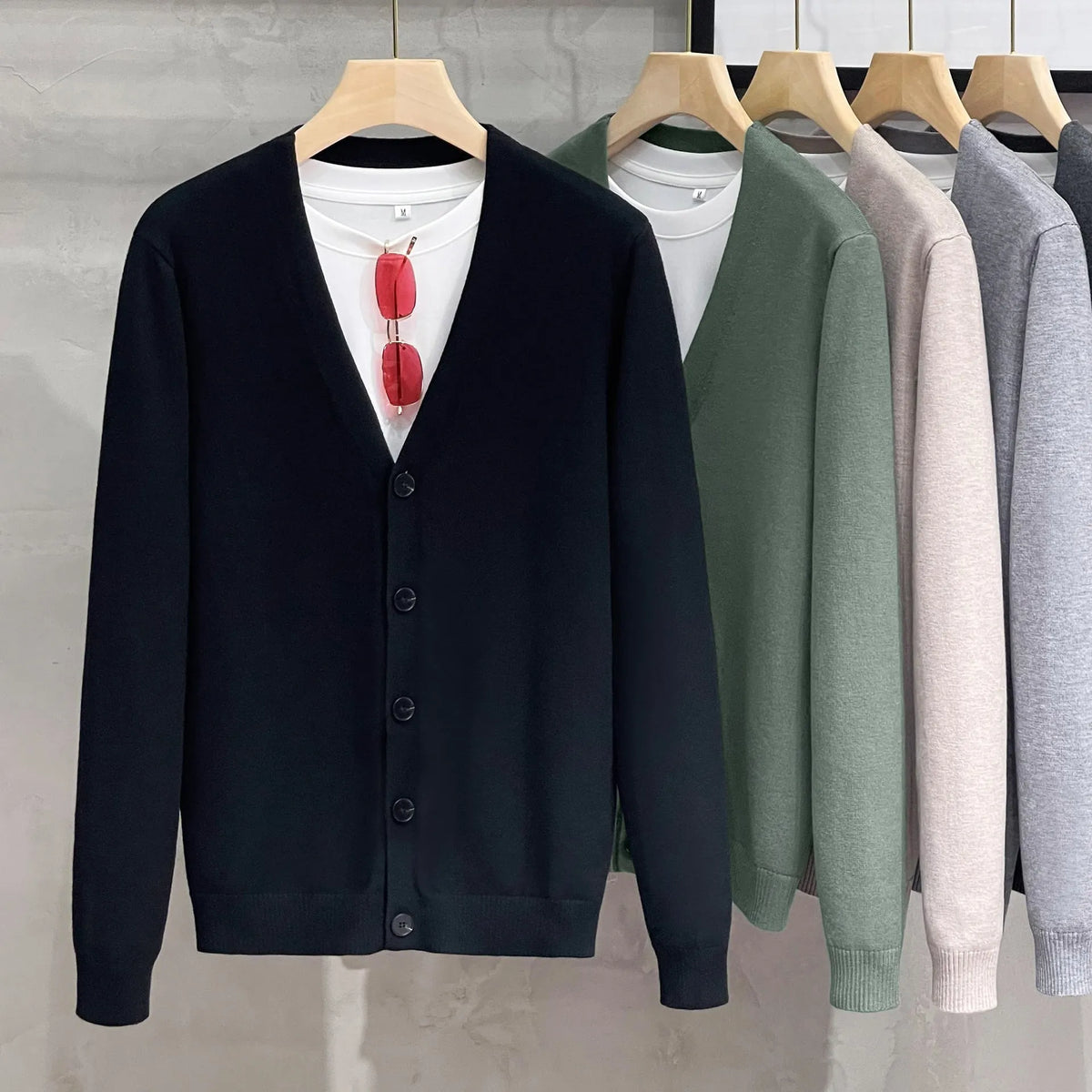 Men's cotton knit V-neck cardigan in black, green, apricot, light grey or dark grey, loose fit, sizes M to 3XL