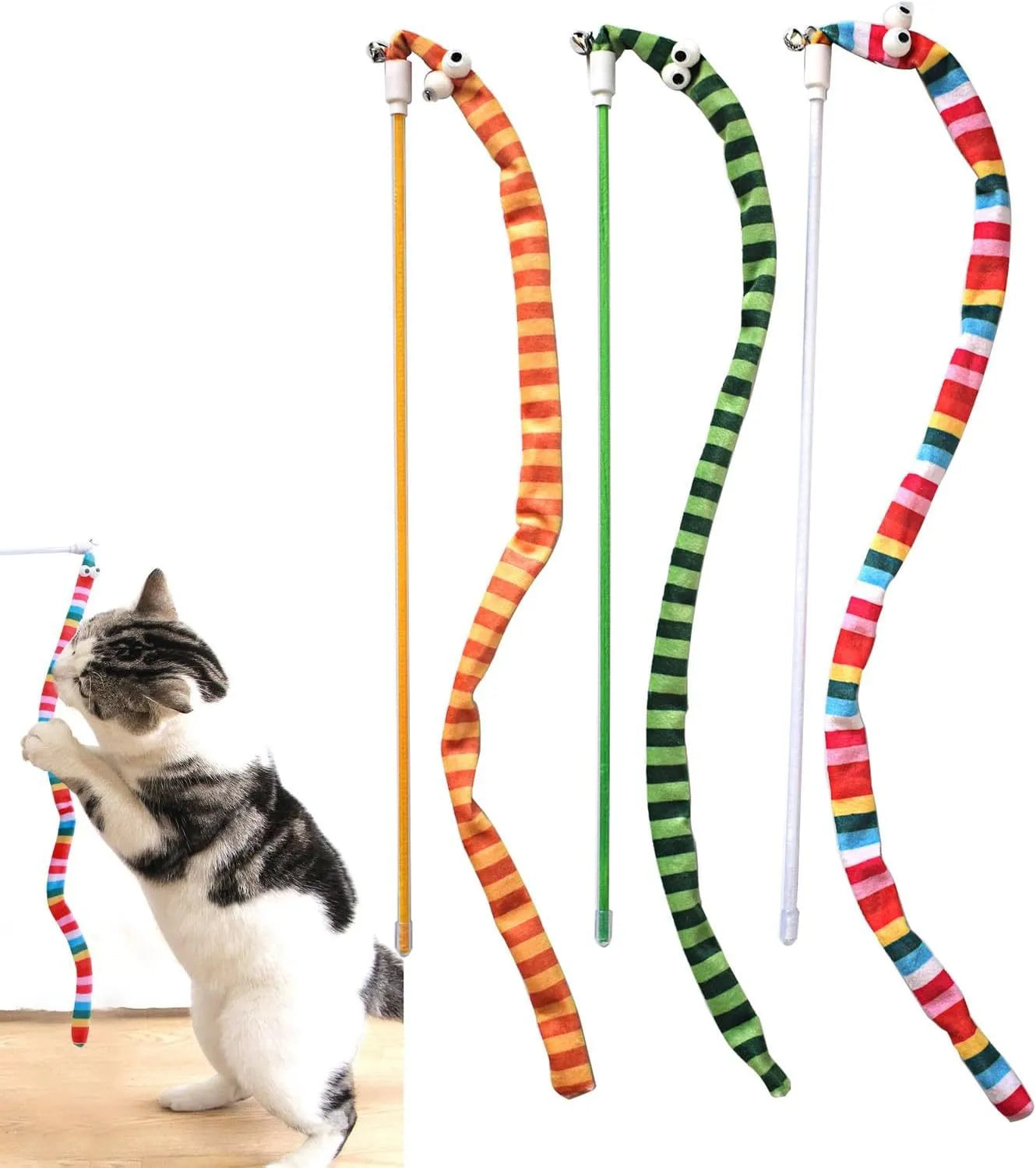 Cat wand teaser toy with polycarbonate pole and colourful plush strip for interactive play