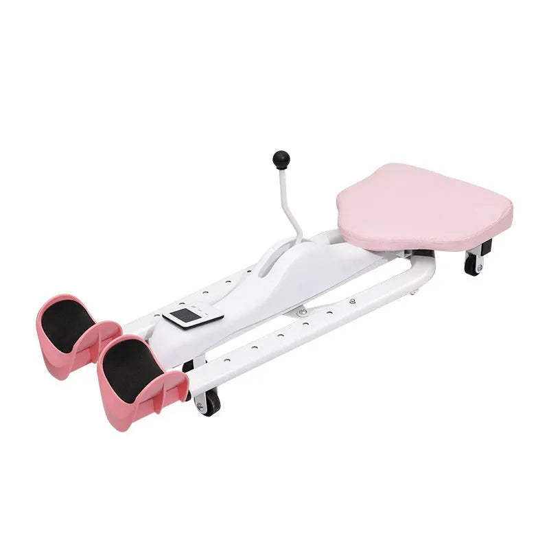A pink leg stretching device with foam-padded bars, shown with an optional backrest attachment.