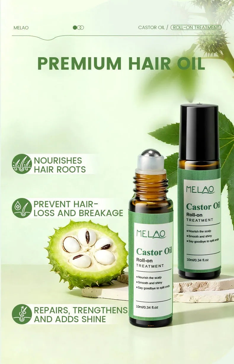 Castor oil roll-on essential oil 10ml portable hair care serum with black roll-on cap