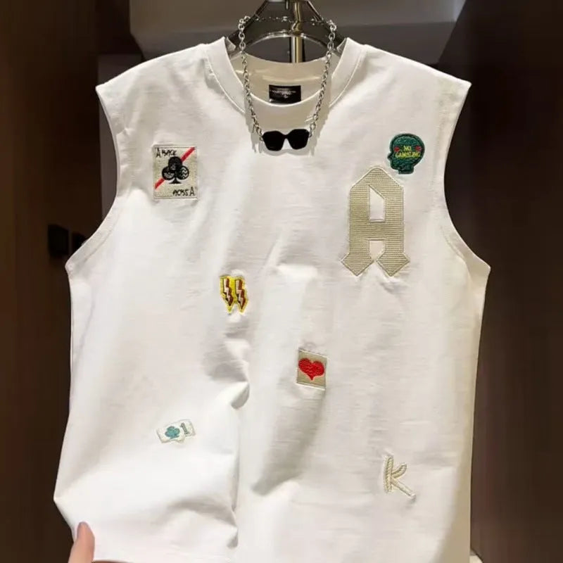 Men's black cotton sleeveless vest t-shirt with a cartoon graphic print, shown on a hanger.