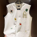 Men's black cotton sleeveless vest t-shirt with a cartoon graphic print, shown on a hanger.