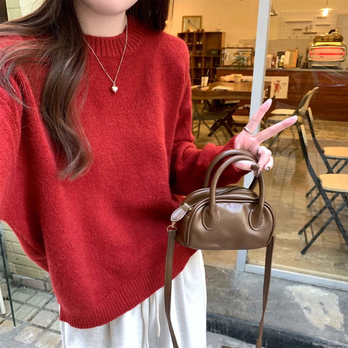 Korean style soft glutinous loose drop-shoulder sleeve sweater in candy colour, solid pattern with wavy elements, acrylic fibre